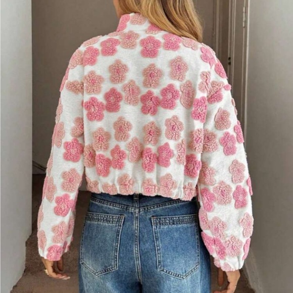 Boho Luxe White Pink Textured Floral Sherpa Zip Front Jacket Coat Holiday - Picture 6 of 9